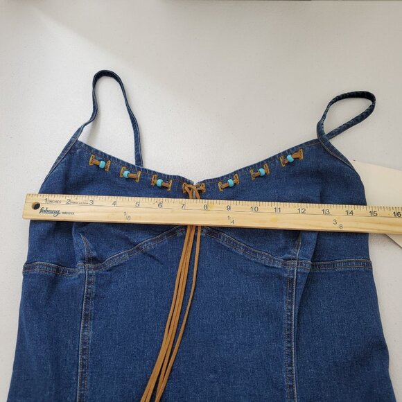 A List By Wrapper Womens Denim Turquoise Beaded Fringe Dress Size M Western Y2K - Picture 9 of 11